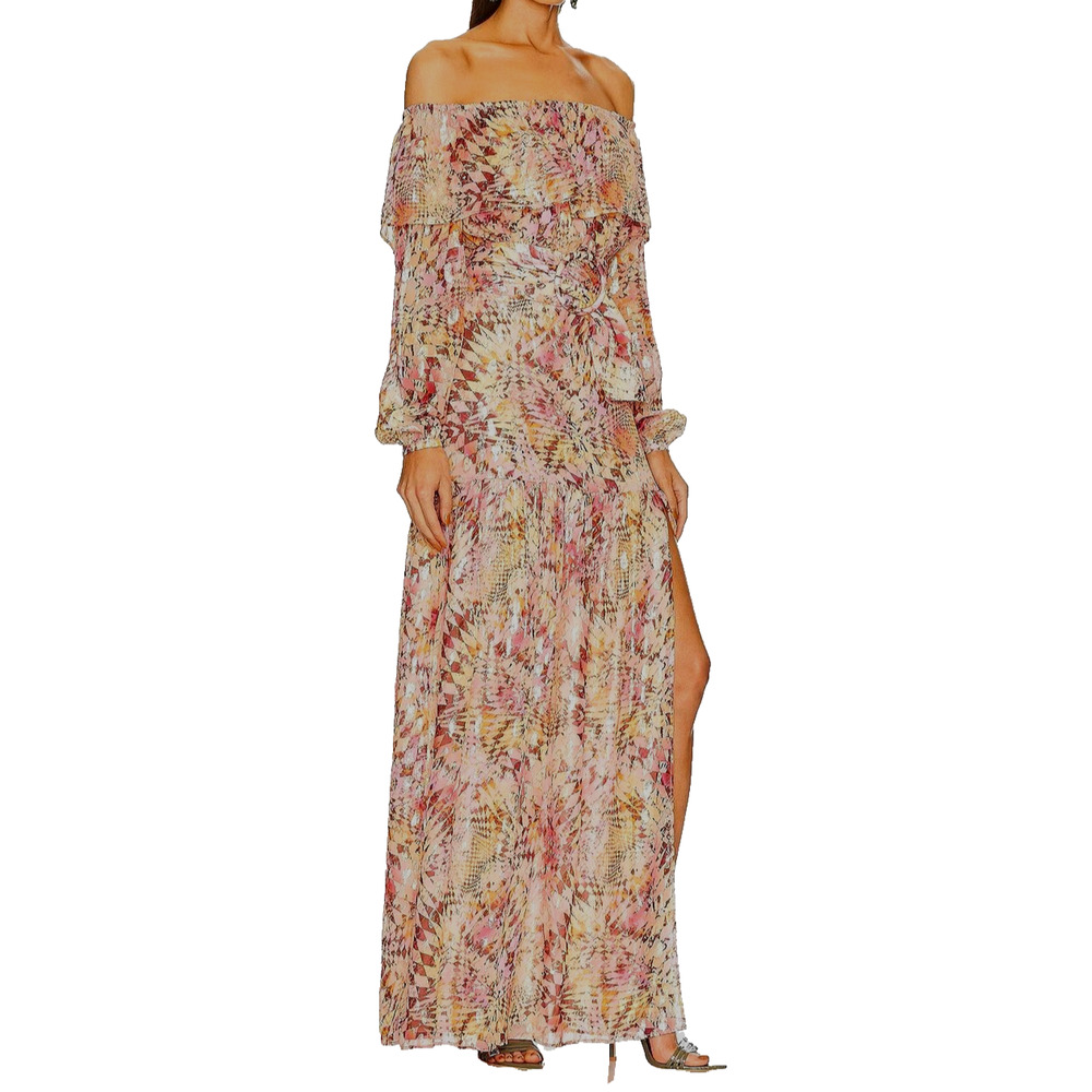 C0 NWT DUNDAS X REVOLVE Optic Geo Silk Metallic Waist Belt Slit Maxi Dress Sz XS